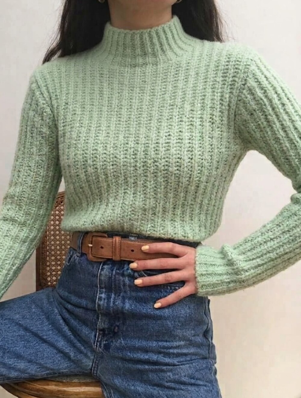 Massimo Dutti Pastel Green Women Chunky Textured Minimalist Stretch Pullover S